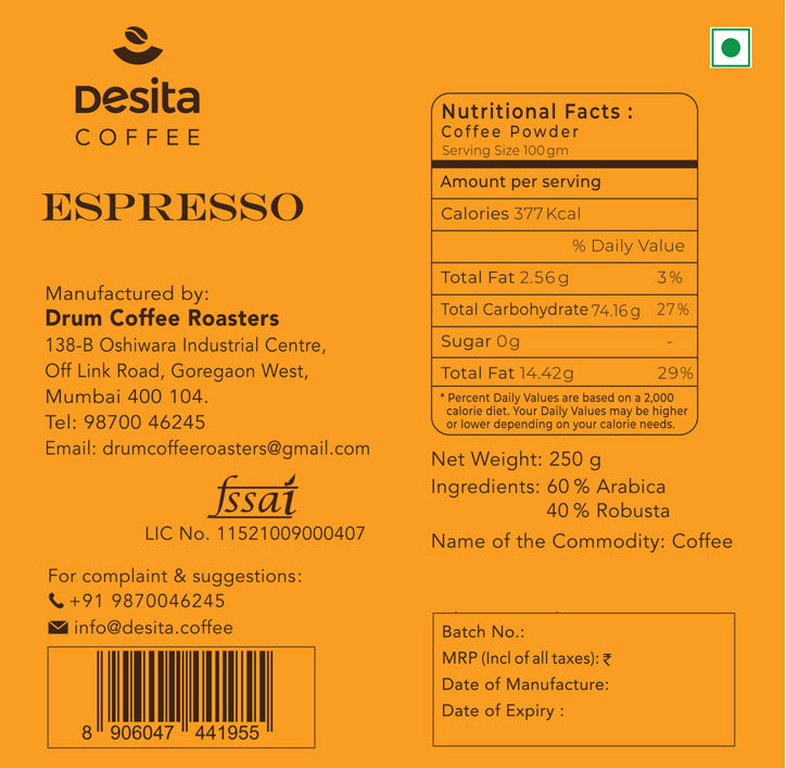 Desita – Espresso Roast 250g | Roasted for Short, Structured Extractions | Whole Beans or Ground