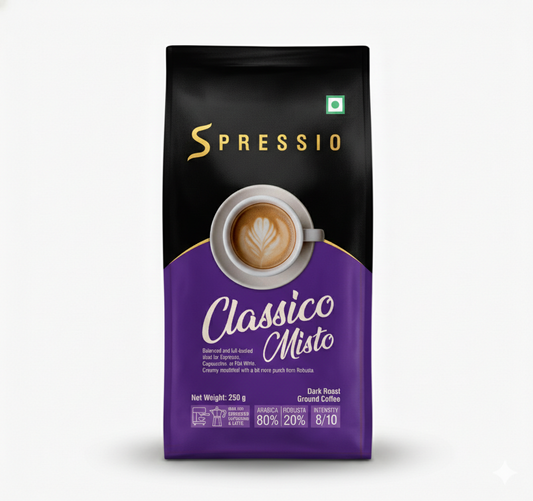 Spressio Classico Misto Dark Roast Ground Coffee - 80% Arabica 20% Robusta. Café-style coffee with extra body and crema. A smooth, low-acid blend designed for everyday espresso and milk-based drinks, especially suited for home brewing.